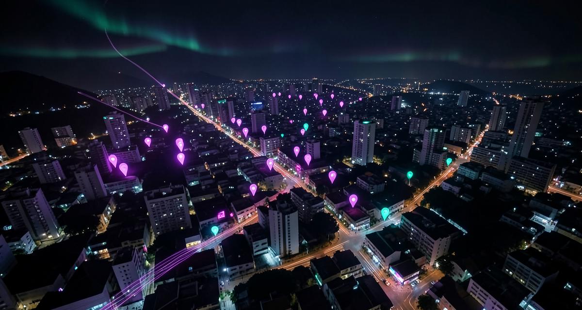 Mapa noturno de Belo Horizonte com imóveis em leilão sinalizados